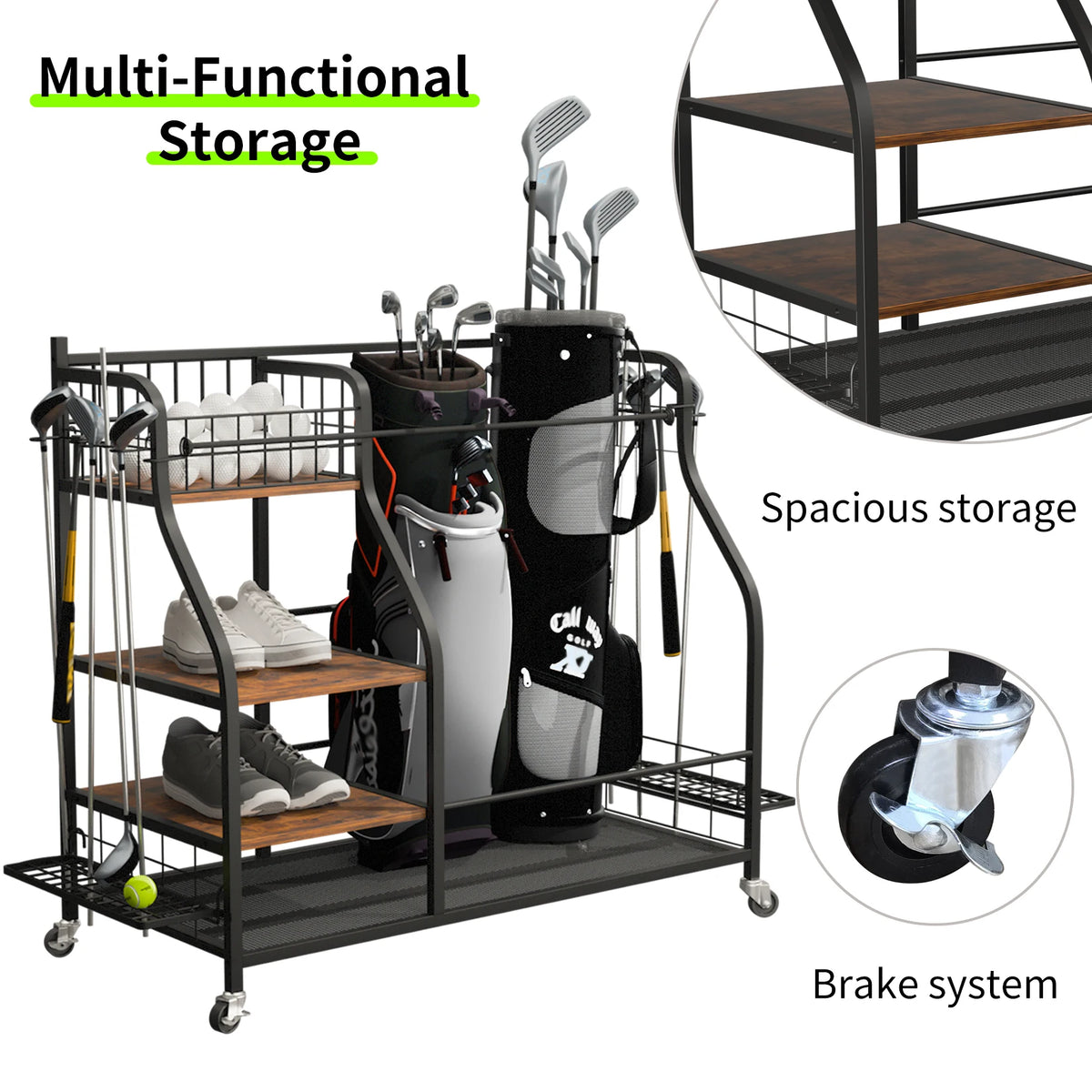 Metal Rolling Golf Bag Storage Rack With Wheels