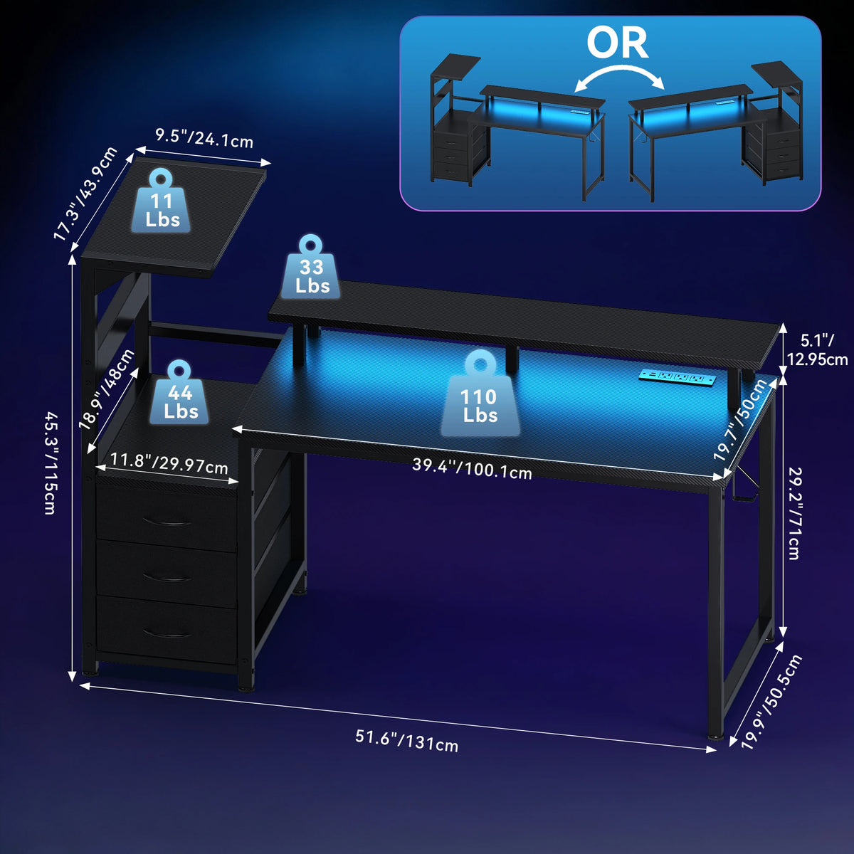 JHK Gaming Desk With Storage Drawers And LED Lights