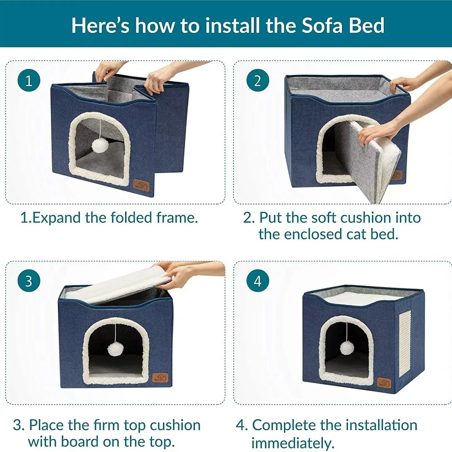 Foldable Cat Cave Bed With Scratching Pad And Fluffy Ball