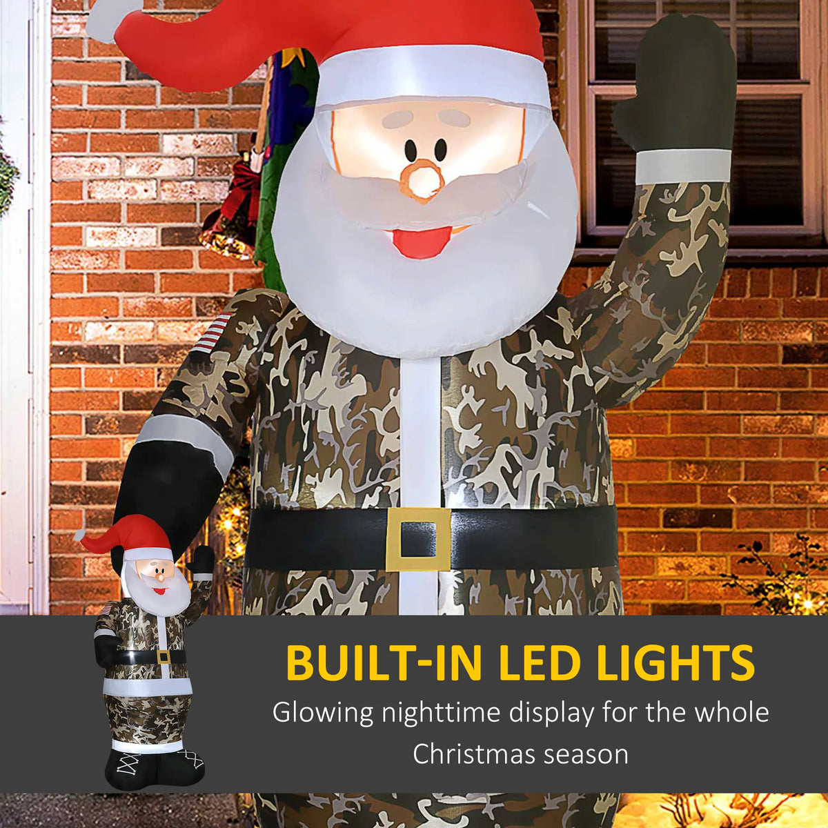 HOMCOM 8' Christmas Inflatables Outdoor Decorations Santa Claus Wearing Camouflage, Blow-Up Yard Christmas Decor with LED Lights Display