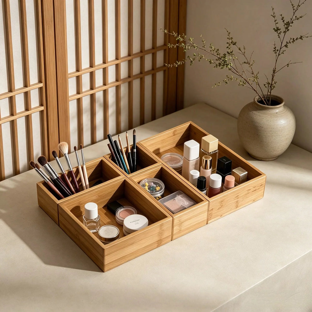 Natural Bamboo Drawer Organizer Set With Dividers And Mats