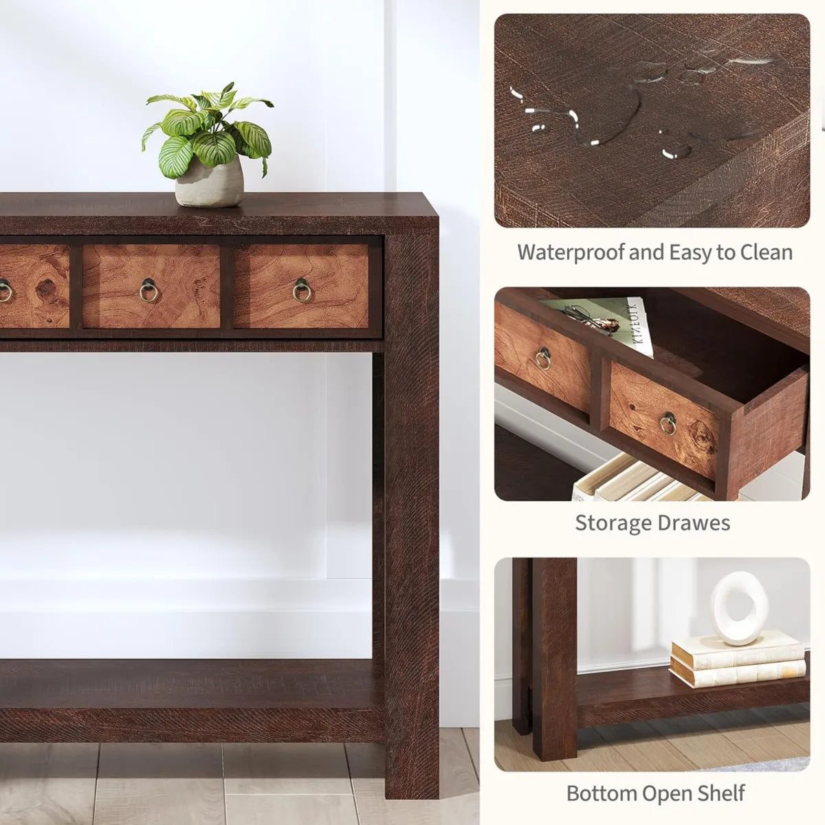 Farmhouse Wooden Console Table With Drawers And Shelf