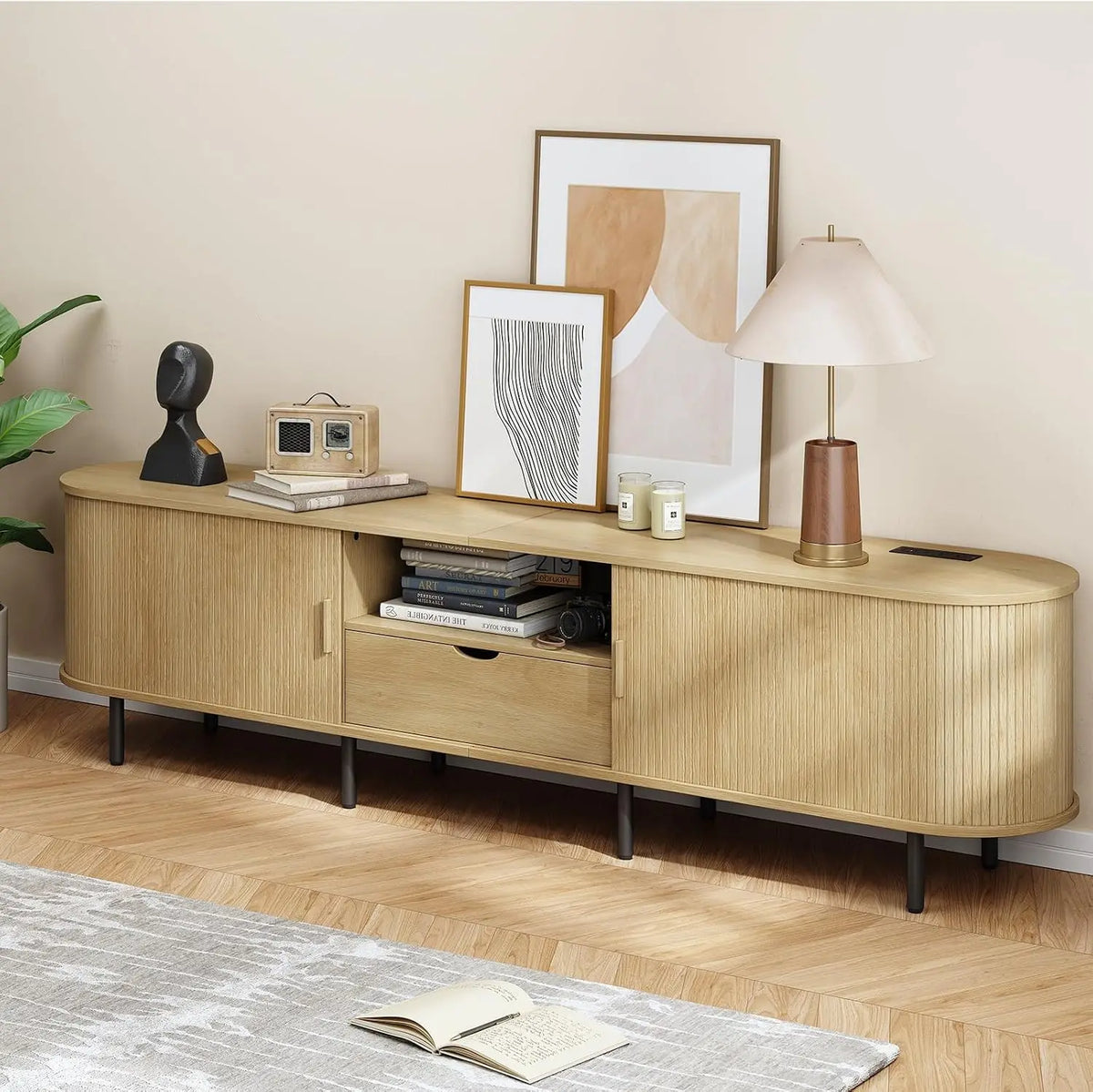ONBRILL Mid Century Wood TV Stand With Power Outlets