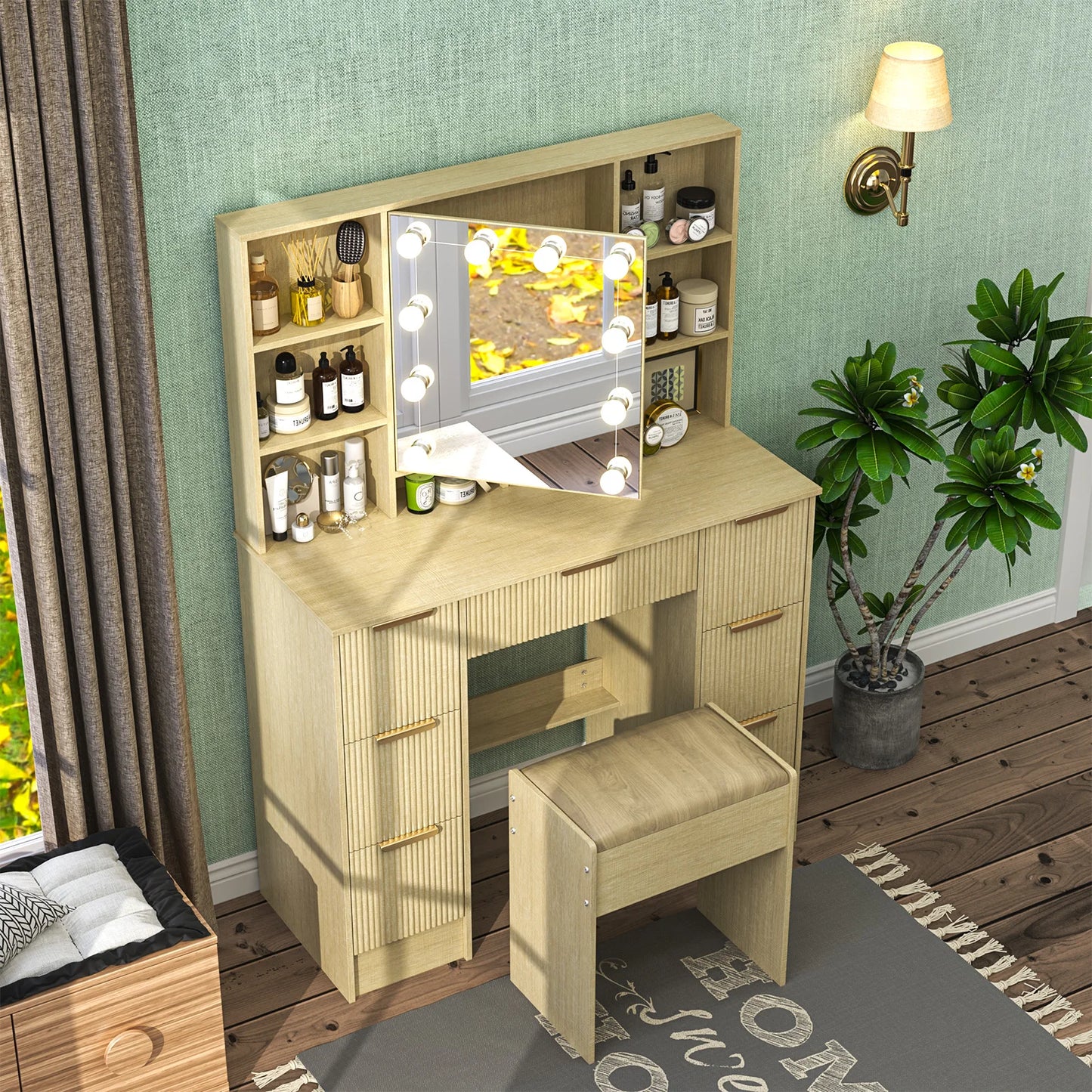 Teousev Makeup Vanity Desk With LED Mirror And Stool