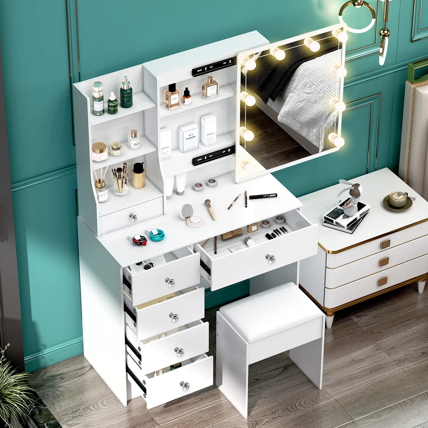Teousev Modern Wooden Vanity With Led Lights And 6 Drawers