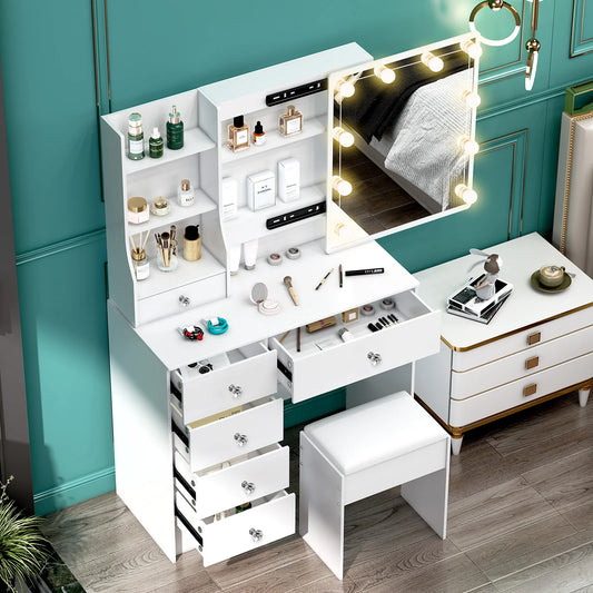 Teousev Modern Wooden Vanity With Led Lights And 6 Drawers