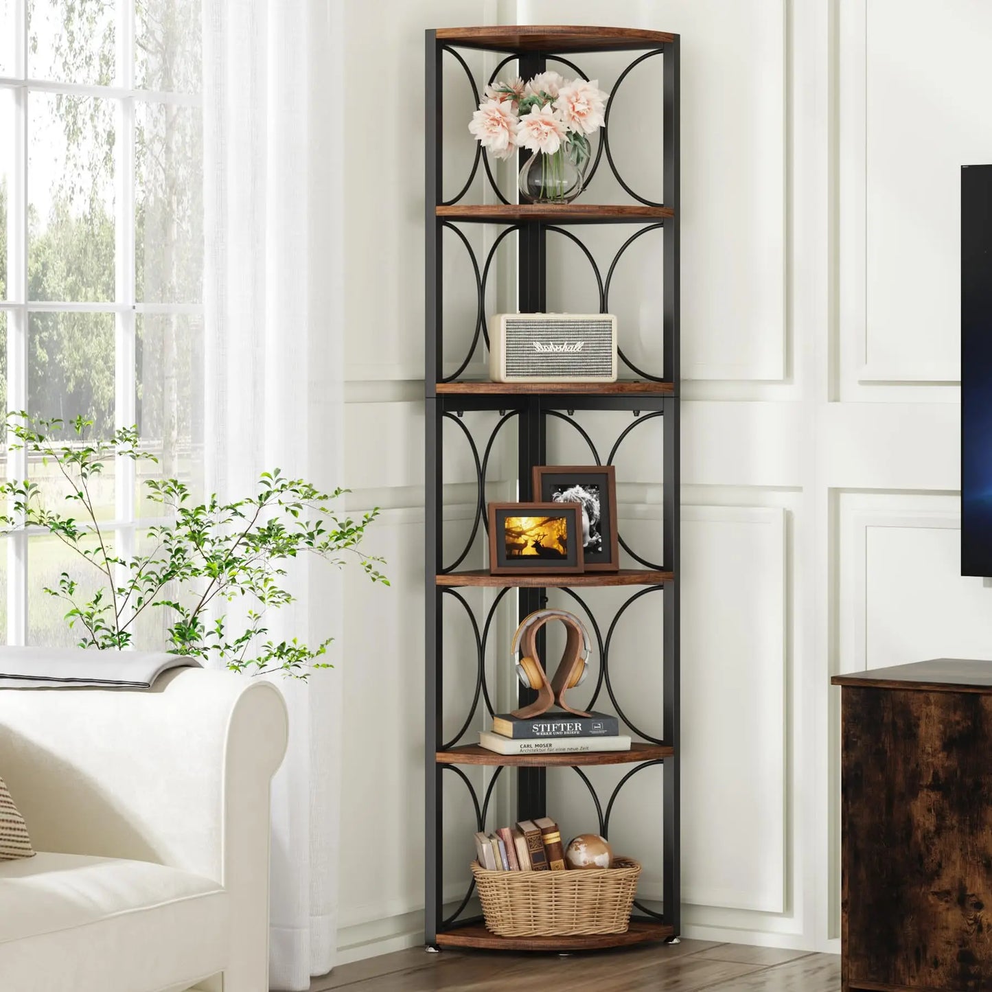 Tribesigns Tall Corner Bookcase Storage Rack Cabinet