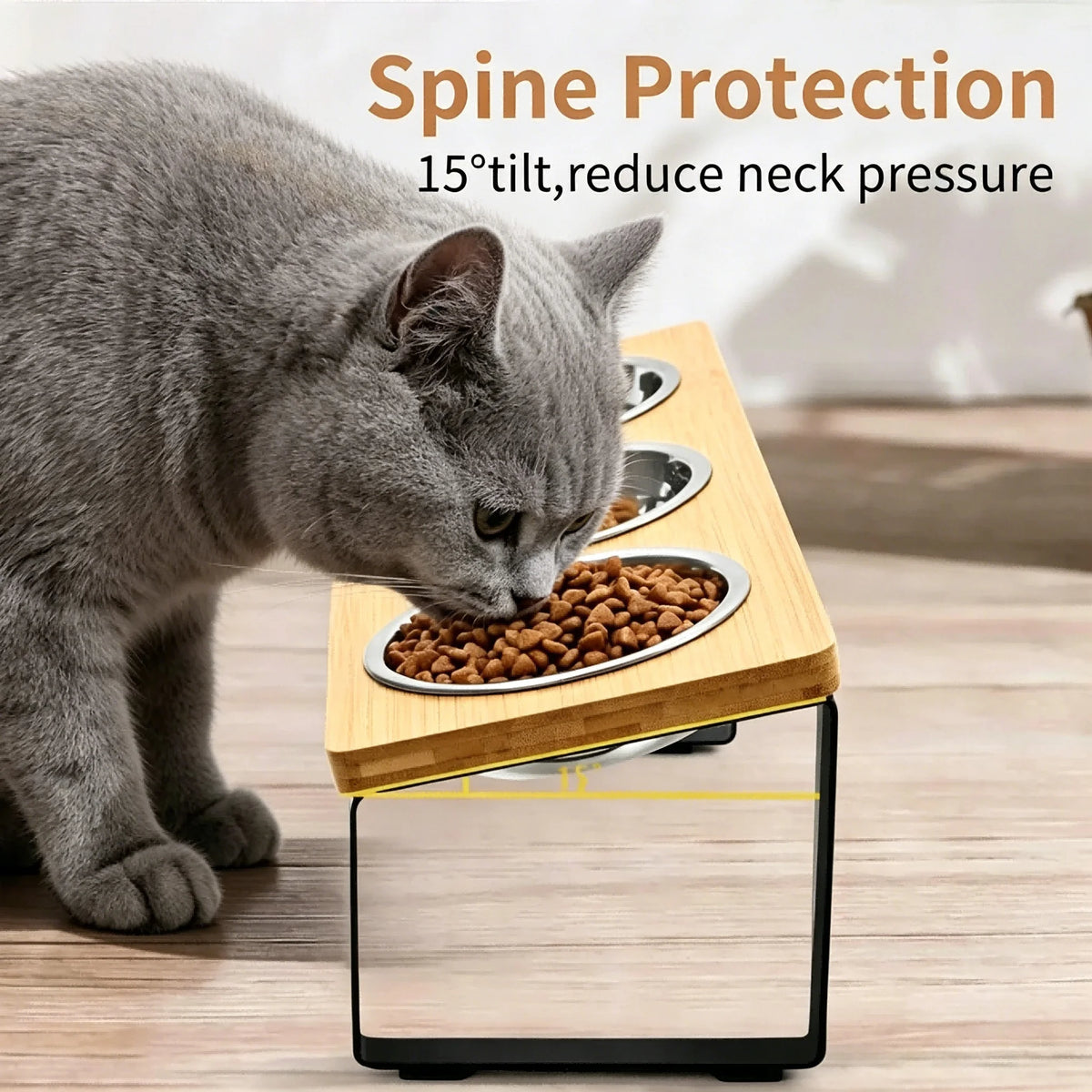 Elevated Cat Feeder With 3 Bowls And Tilted Bamboo Stand