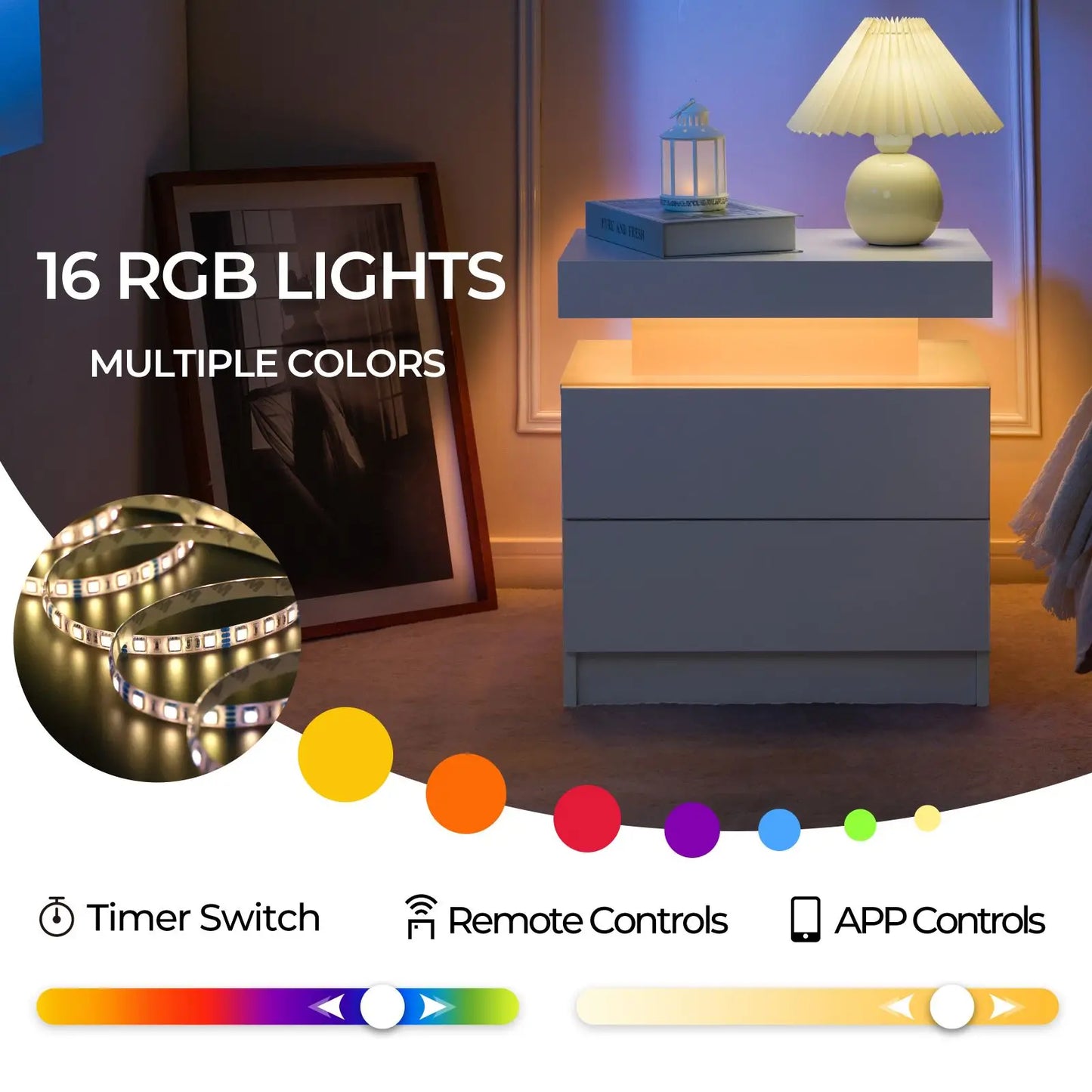 Cubehom Nightstand Set Of 2 With LED Drawers Bedside Tables