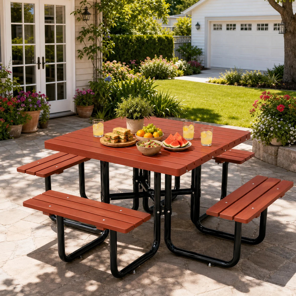 Square Outdoor Picnic Table With Built In Benches