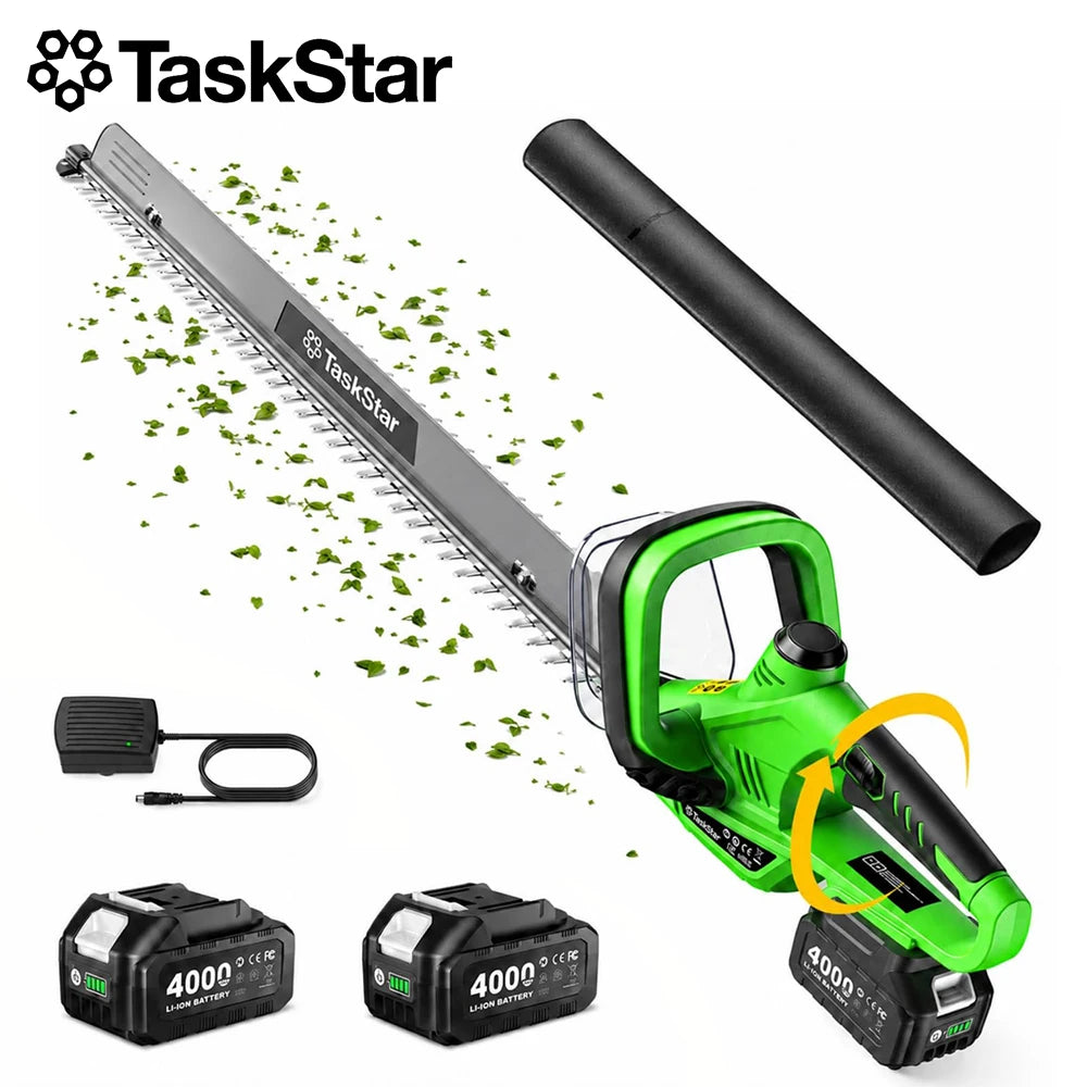 TaskStar 22" Electric Hedge Trimmer with 180° Rotatable Handle & Debris Remover & 550mm SK5 Dual Edge Blade 20V Cordless Hedge Clippers for Shrub Trimming with 2 4.0Ah Batteries