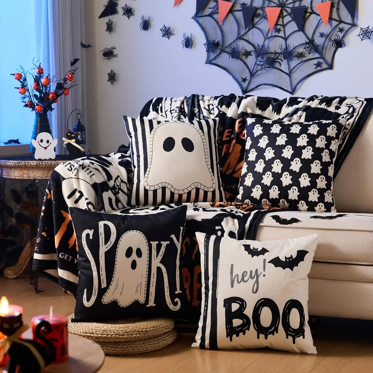 Halloween Ghost Bat Striped Sofa Pillow Covers