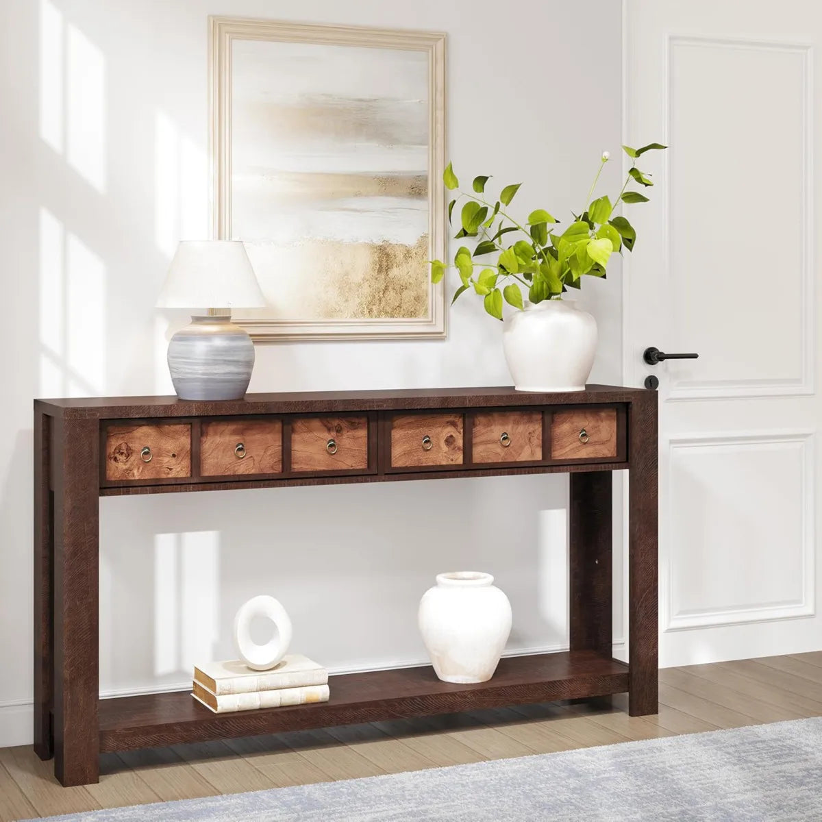 Farmhouse Wooden Console Table With Drawers And Shelf