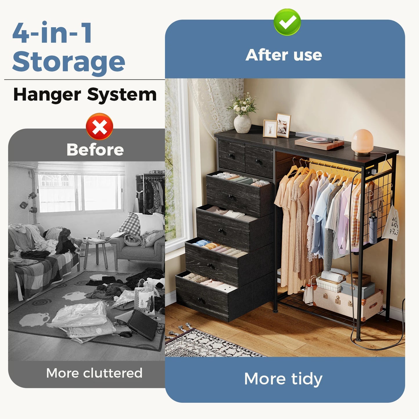 JHK Fabric Dresser With Charging Station And LED Lights