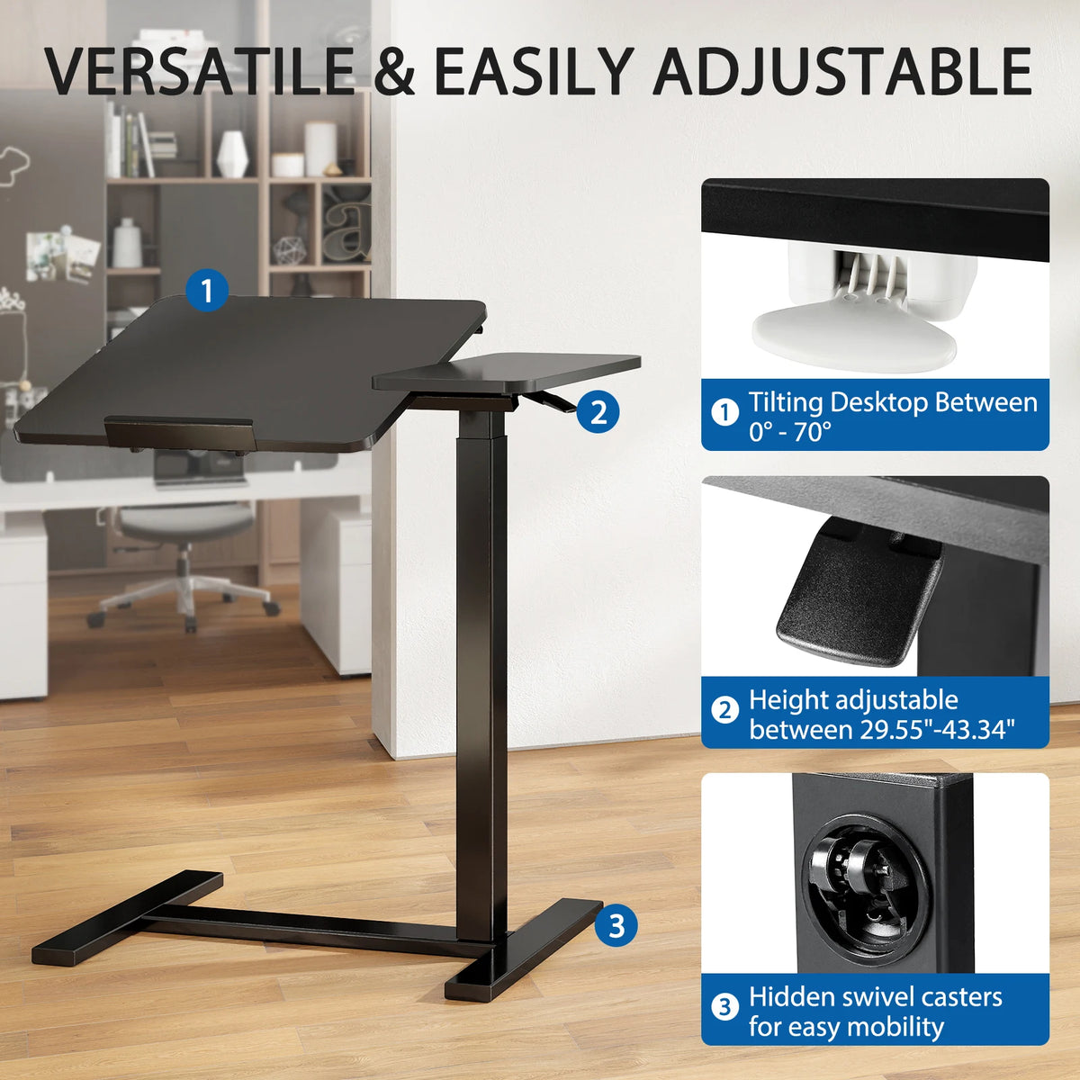 JHK Overbed Bedside Flip Lap Desk with Wheels and Tilt Top Adjustable Height Home Use Bed Table Mobile Standing Desk For Bedroom