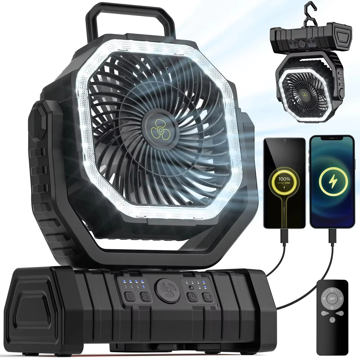 Camping Fan 20000mAh Battery Powered Tent Fan With LED Light