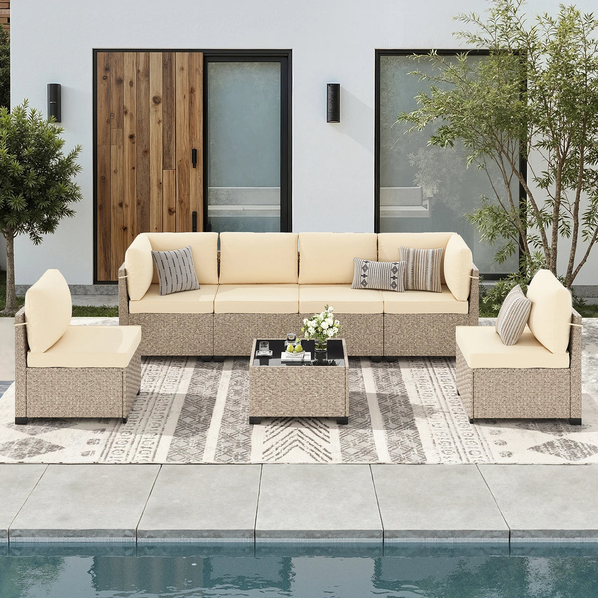All Weather Rattan Patio Furniture Set With Glass Table