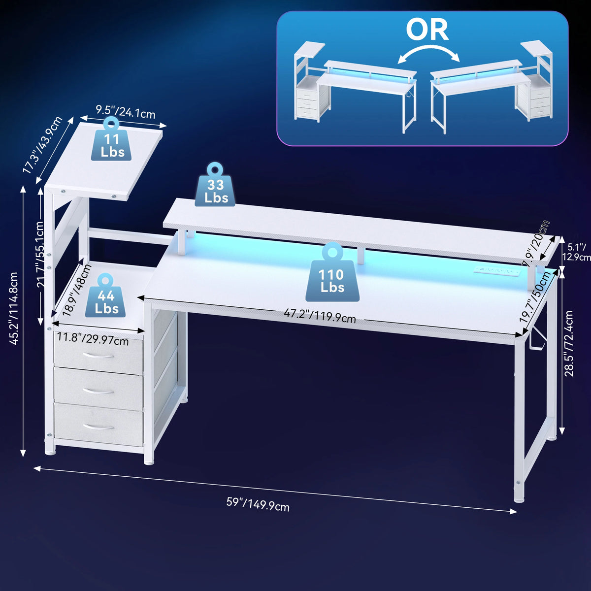 JHK Gaming Desk With Storage Drawers And LED Lights