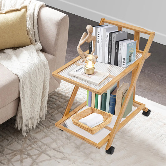 Bymaocar Two Tier Rolling Bamboo Storage Cart