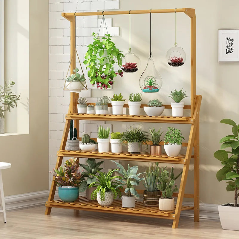 Folding Bamboo Plant Stand With Flower Pot Holder Rack