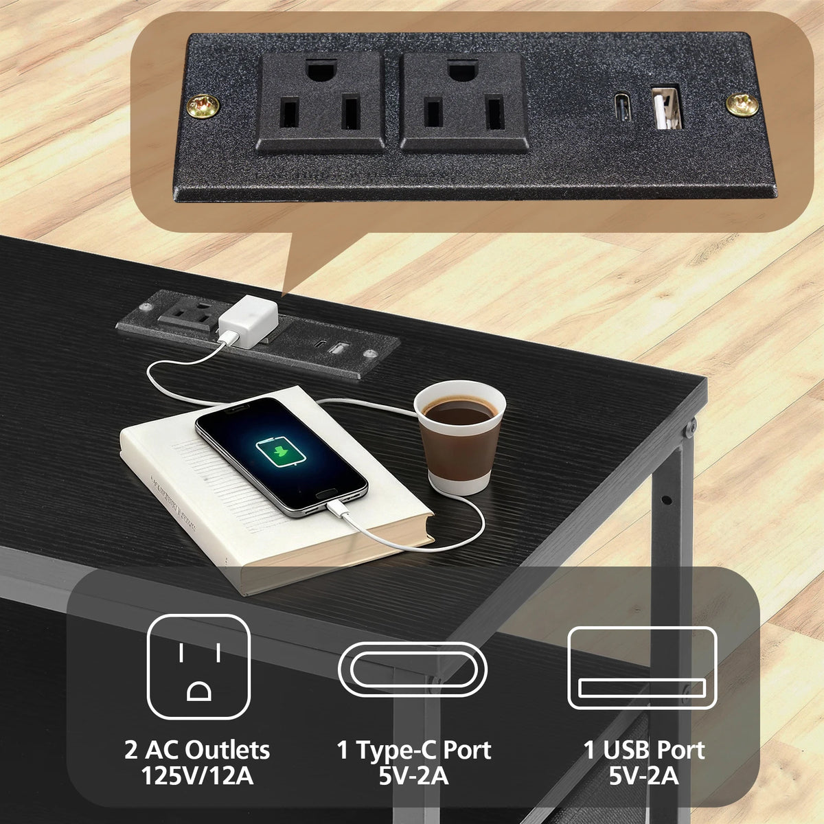 JHK Bedside Nightstand With Charging Station And Drawers