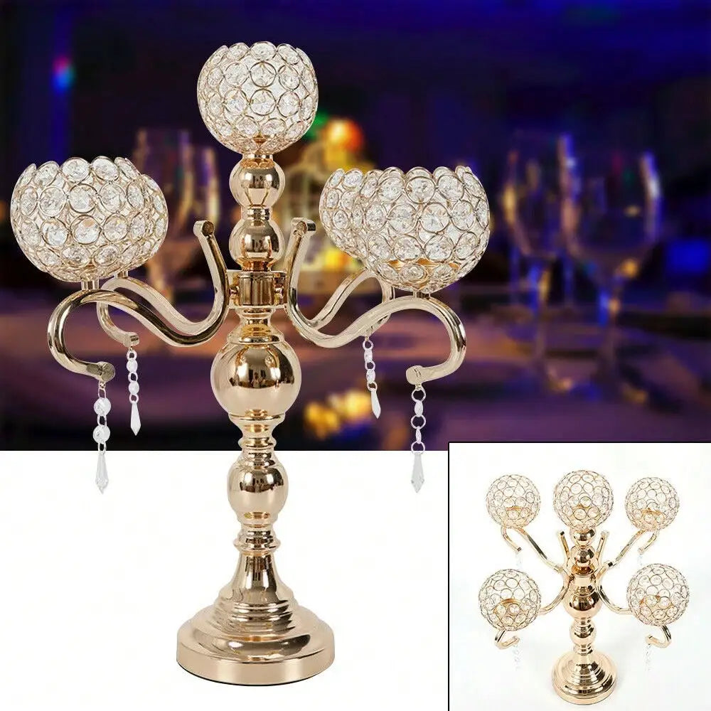 Gold Plated 5-Arm Crystal Tabletop Candle Holder, Electroplated Iron Glass Acrylic Candelabra With Stable Round Base, Modern Desktop Candle Stand For Wedding, Dinner Party, Home Decor & Holiday Housewarming Gift