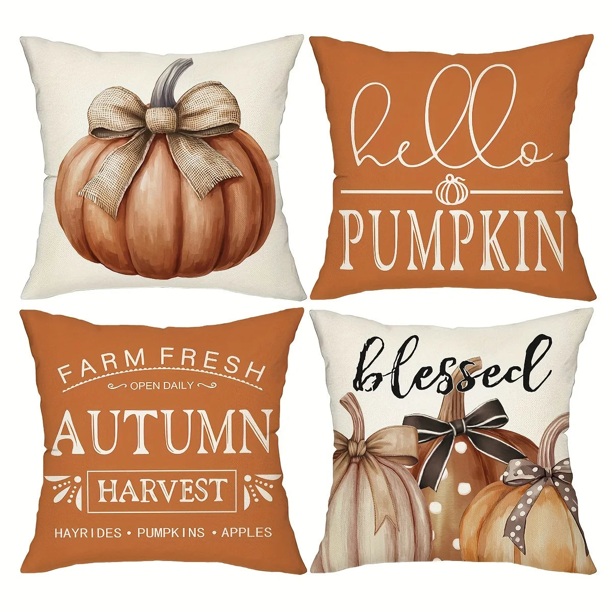 Set of 4 Pumpkin Throw Pillow Covers Autumn Harvest Decor